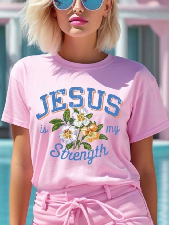 Bella Canvas Tops - PINK CREW NECK T-SHIRT WITH "JESUS IS MY STRENGTH" GRAPHIC - NWOT